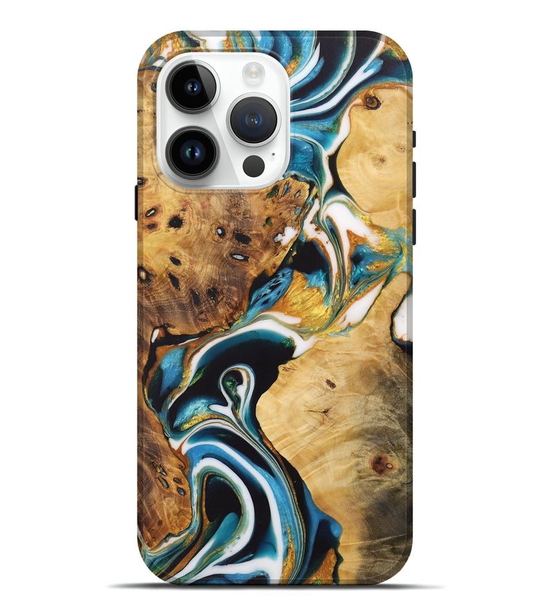 iPhone 15 Pro Max Wood Live Edge Phone Case - Dwaine (Teal & Gold, 730359)
