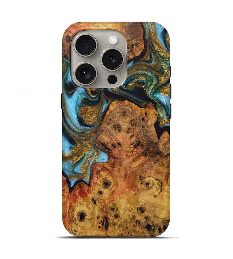 iPhone 16 Pro Wood Live Edge Phone Case - Dwan (Teal & Gold, 730366)