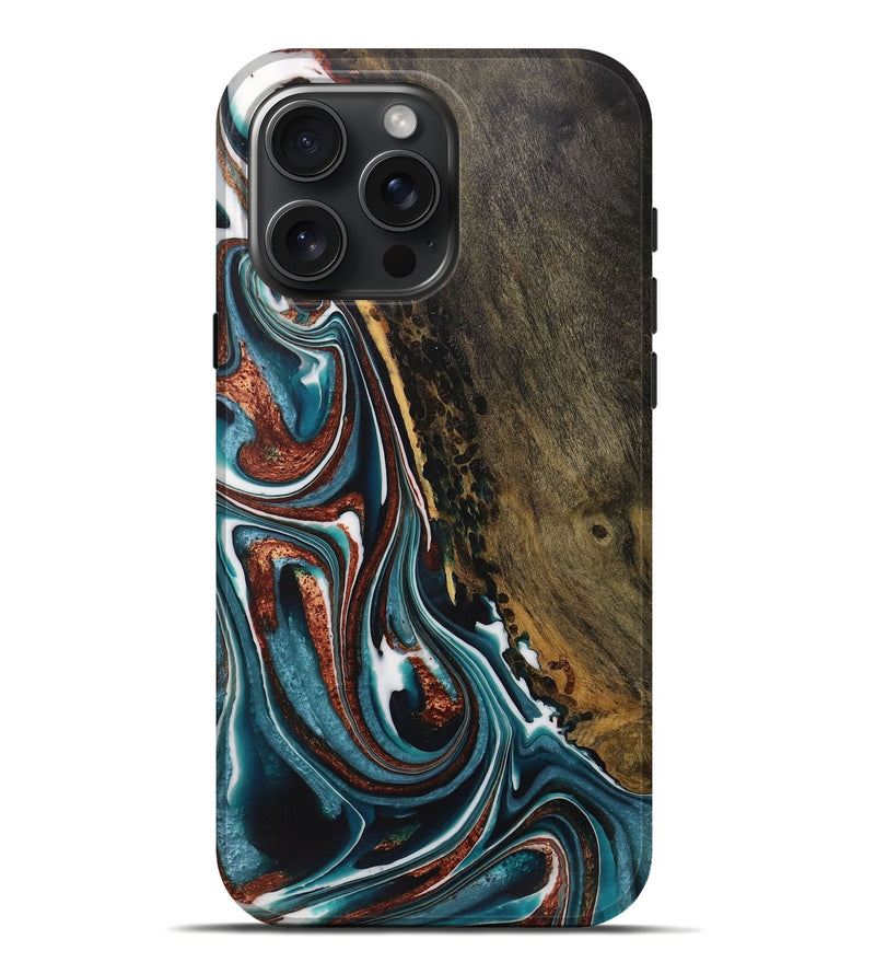 iPhone 16 Pro Max Wood Live Edge Phone Case - Jeramie (Teal & Gold, 730371)