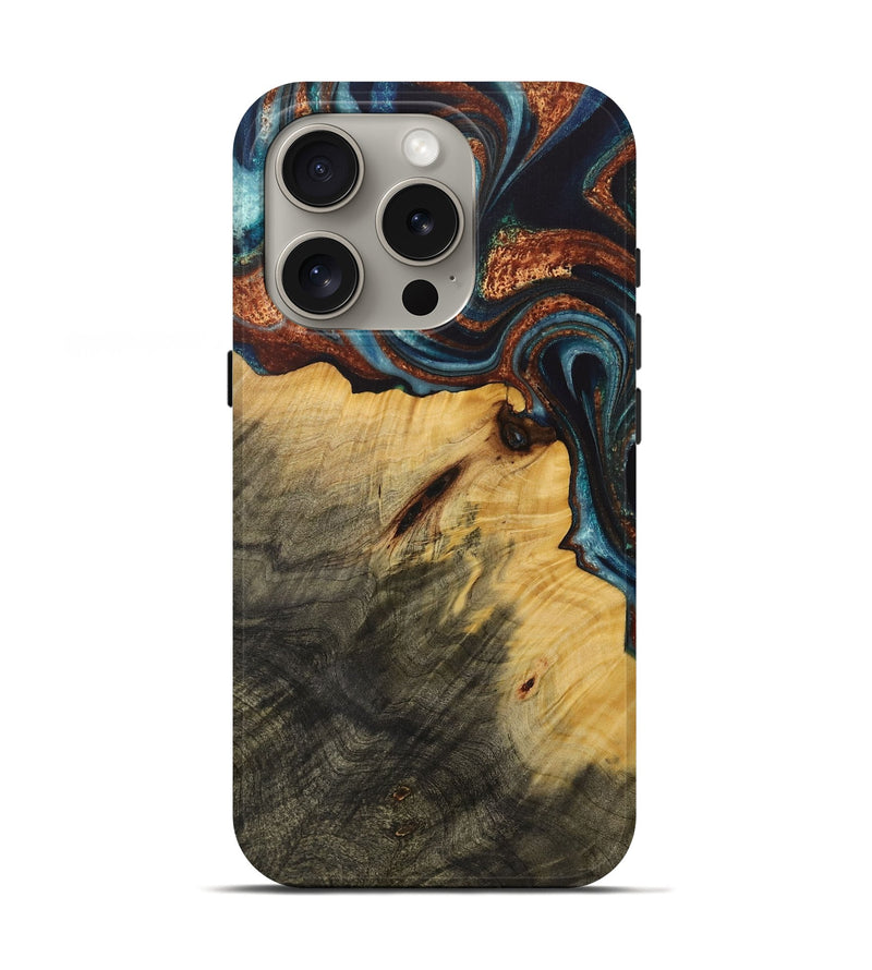 iPhone 16 Pro Wood Live Edge Phone Case - Peder (Teal & Gold, 730980)