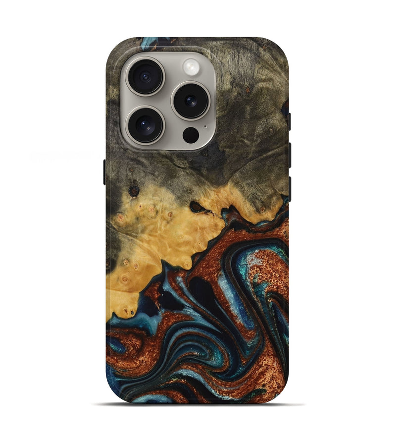 iPhone 16 Pro Wood Live Edge Phone Case - Dorr (Teal & Gold, 730983)