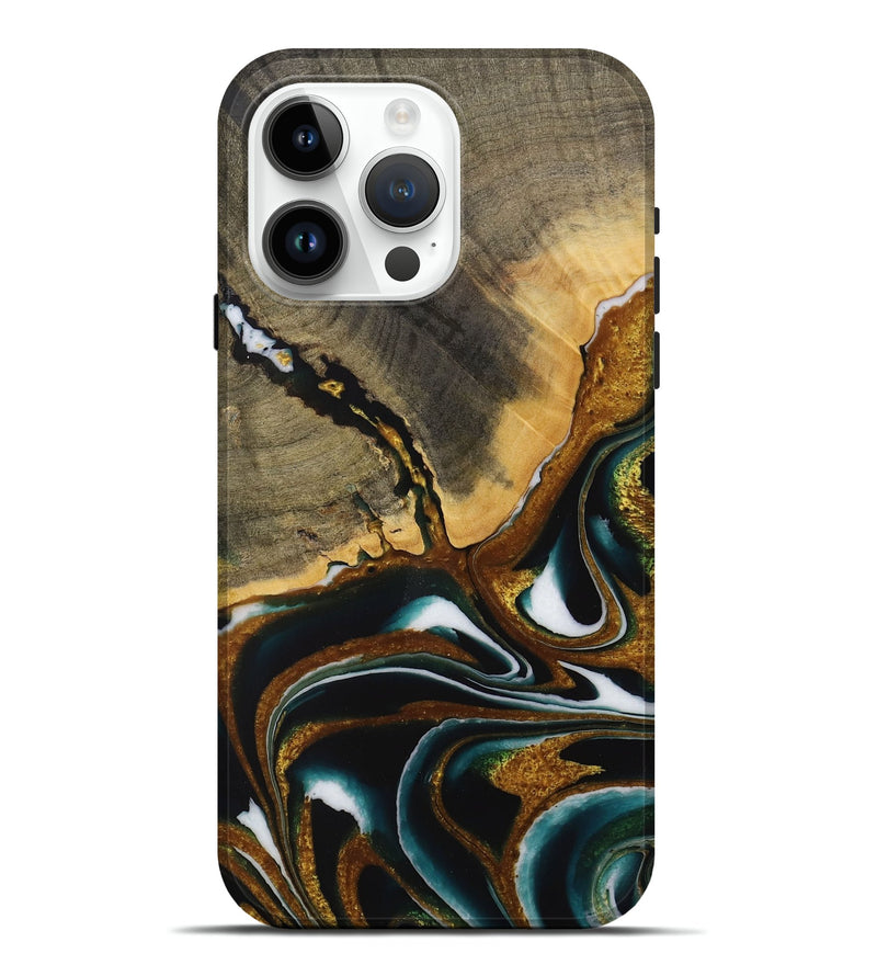 iPhone 15 Pro Max Wood Live Edge Phone Case - Marry (Teal & Gold, 730986)