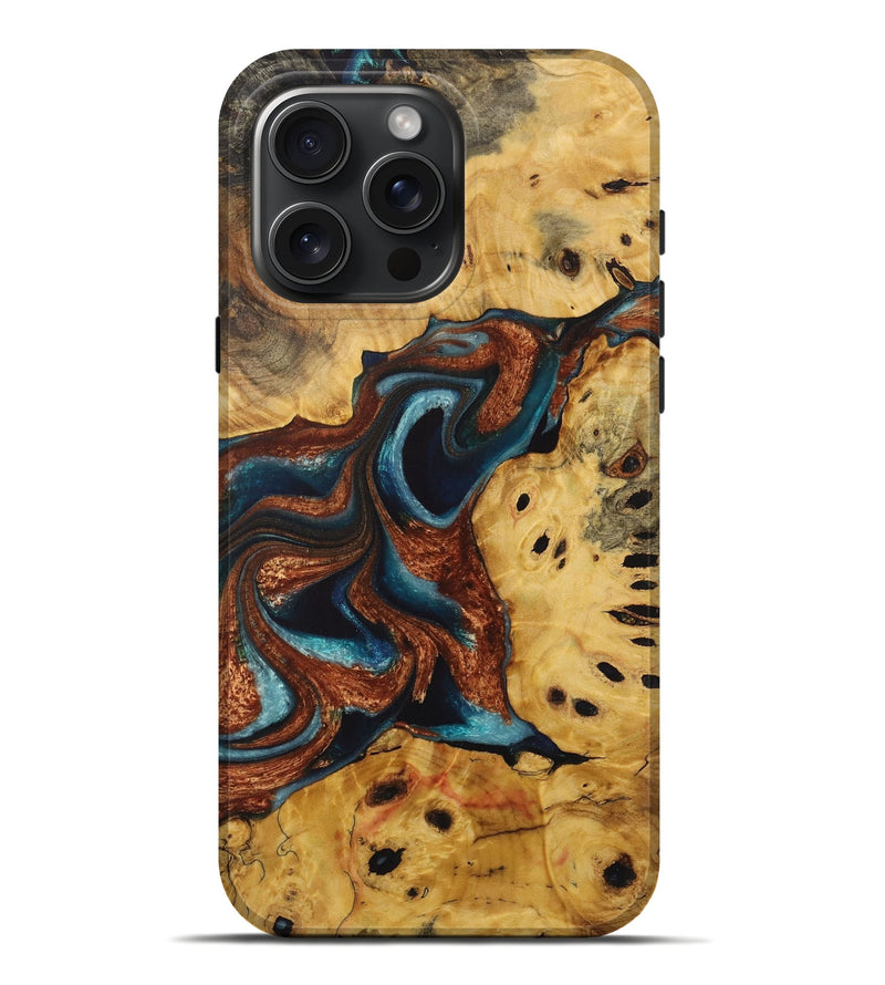 iPhone 16 Pro Max Wood Live Edge Phone Case - Renata (Teal & Gold, 730990)