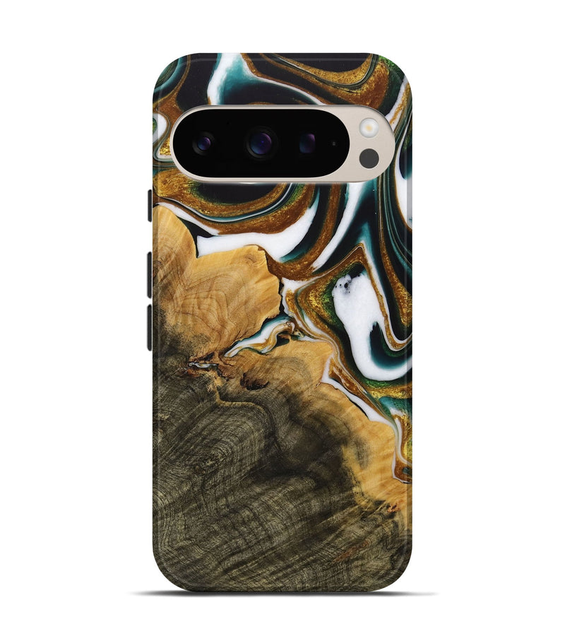 Pixel 9 Pro Wood Live Edge Phone Case - Huppert (Teal & Gold, 730991)