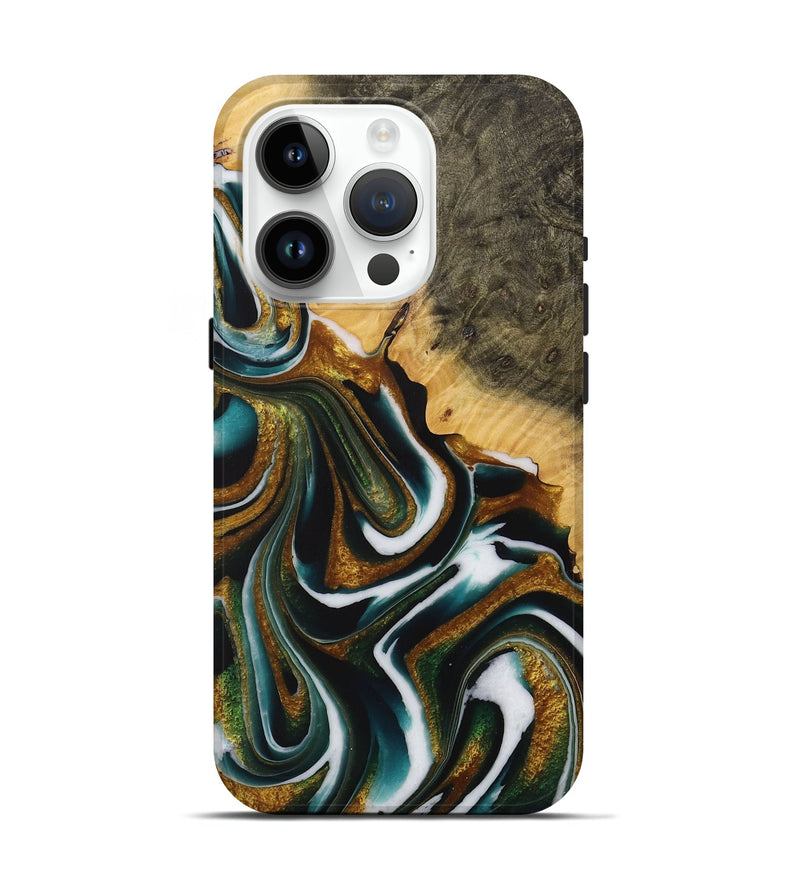 iPhone 15 Pro Wood Live Edge Phone Case - Corine (Teal & Gold, 730999)