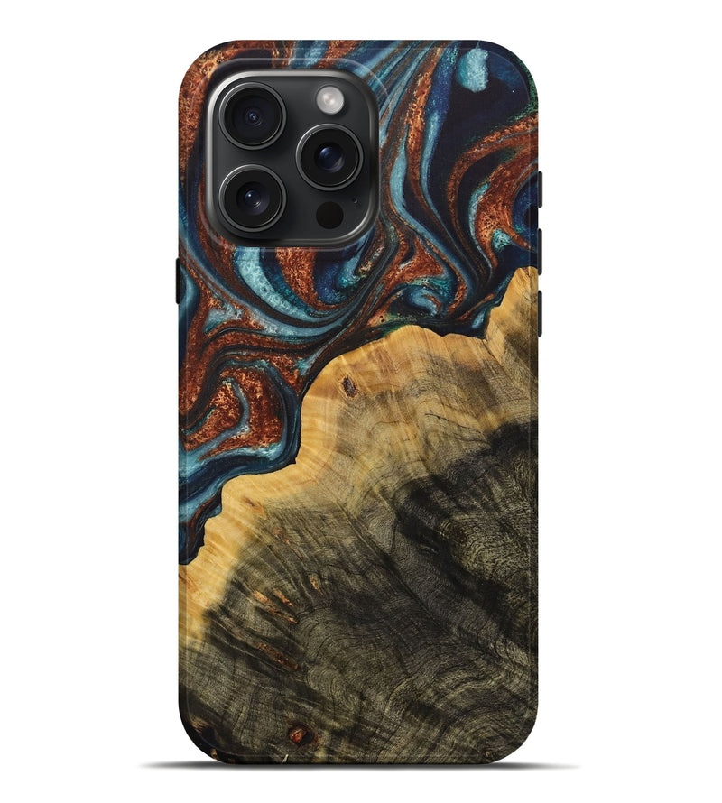 iPhone 16 Pro Max Wood Live Edge Phone Case - Rhoda (Teal & Gold, 731002)