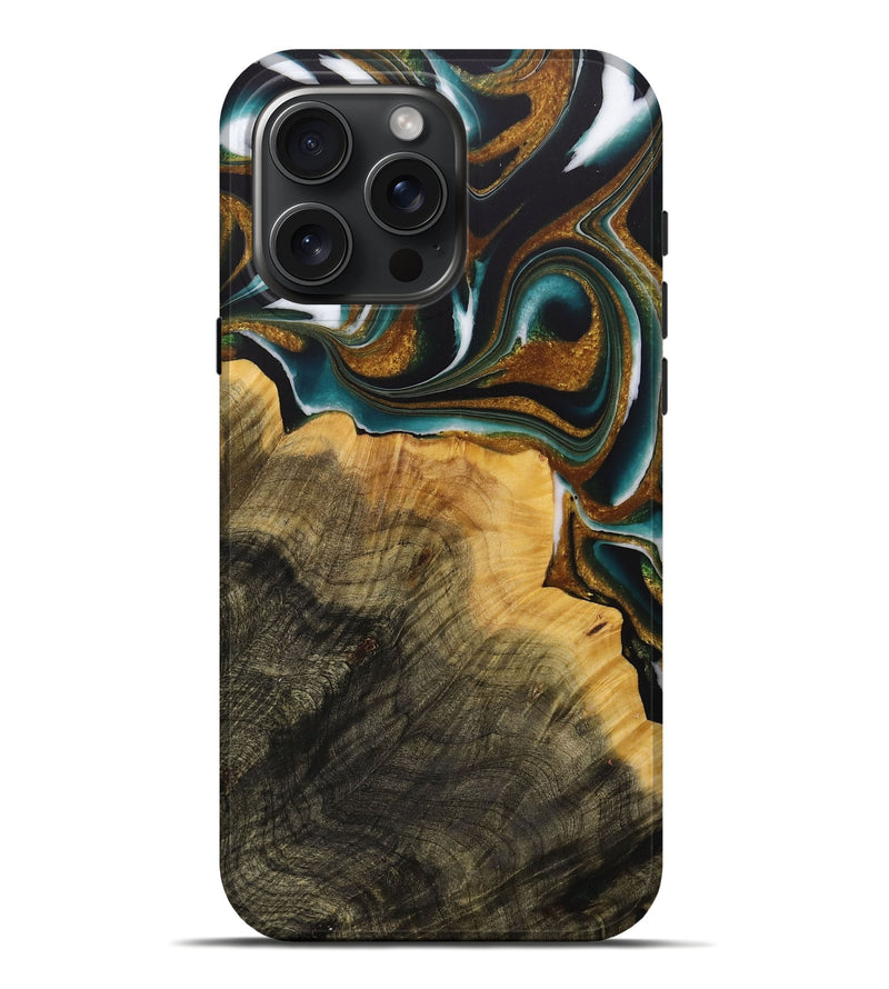 iPhone 16 Pro Max Wood Live Edge Phone Case - Keslie (Teal & Gold, 731004)