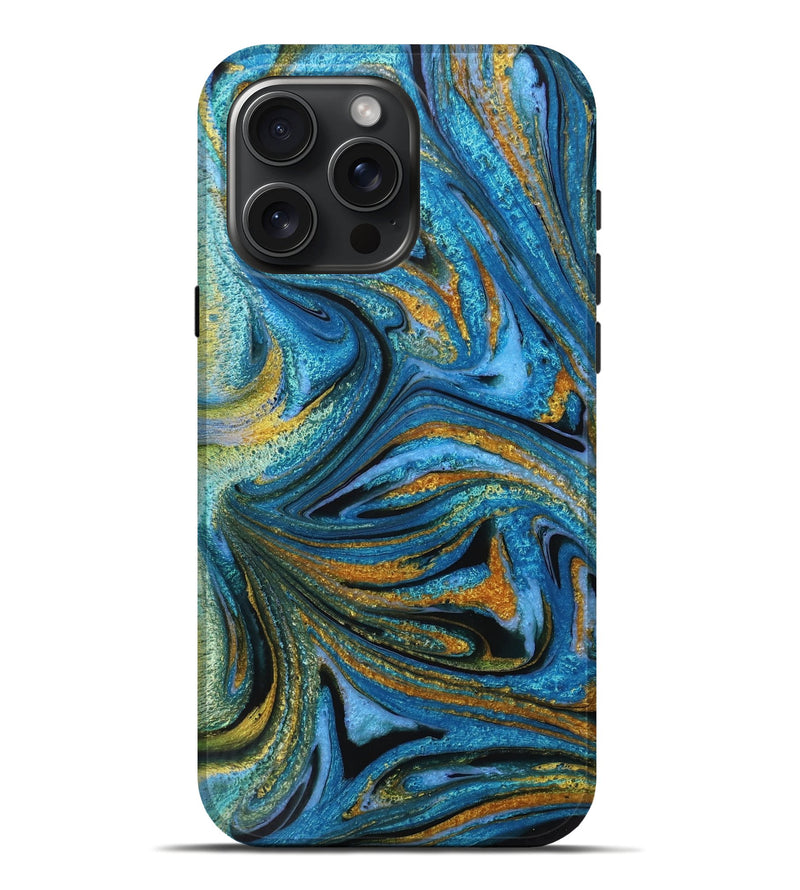 iPhone 16 Pro Max ResinArt Live Edge Phone Case - Letisha (Teal & Gold, 731212)