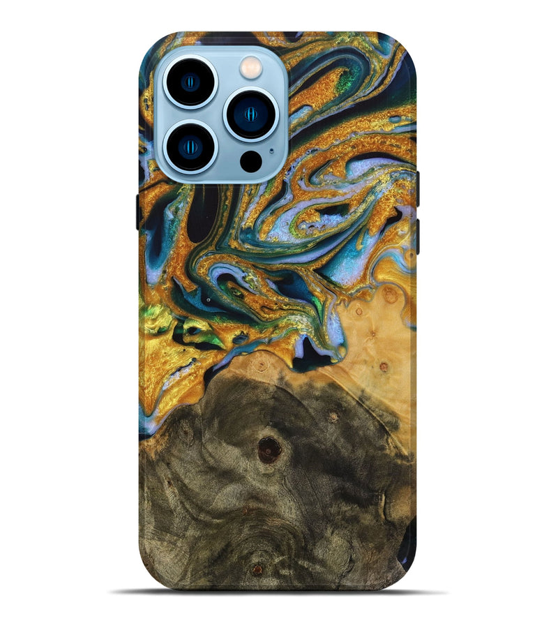 iPhone 14 Pro Max Wood Live Edge Phone Case - Wendel (Teal & Gold, 731382)