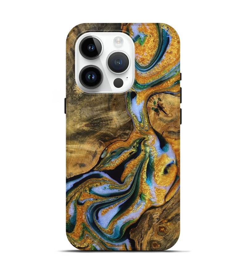 iPhone 15 Pro Wood Live Edge Phone Case - Bernice (Teal & Gold, 731389)