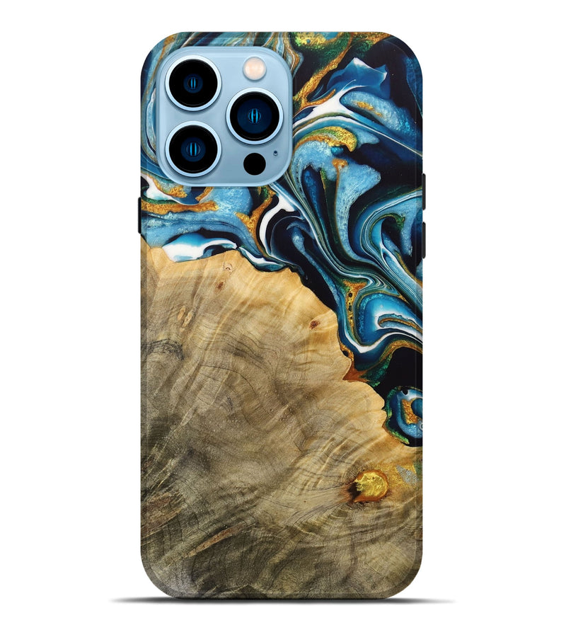 iPhone 14 Pro Max Wood Live Edge Phone Case - Shyanne (Teal & Gold, 731404)
