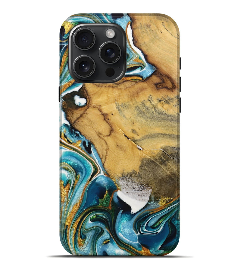 iPhone 16 Pro Max Wood Live Edge Phone Case - Brittny (Teal & Gold, 731408)