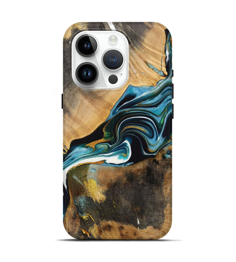 iPhone 15 Pro Wood Live Edge Phone Case - Raelynn (Teal & Gold, 731412)