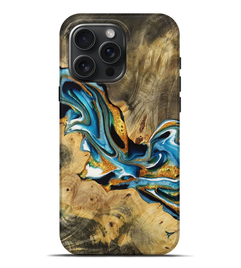 iPhone 16 Pro Max Wood Live Edge Phone Case - Dozier (Teal & Gold, 731421)