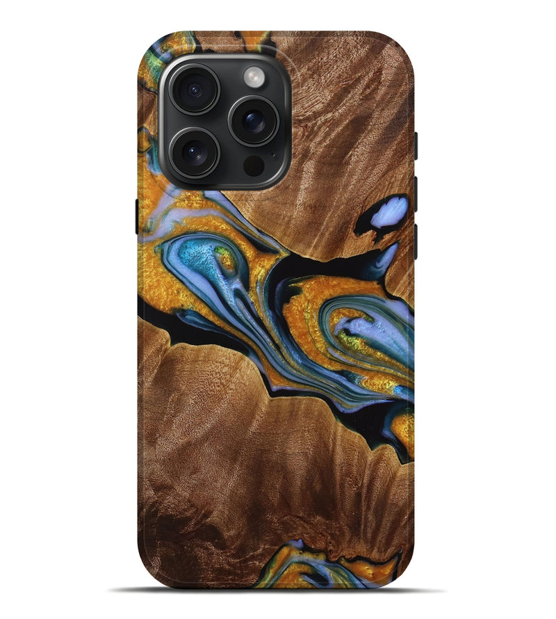 iPhone 16 Pro Max Wood Live Edge Phone Case - Jajuan (Teal & Gold, 731454)