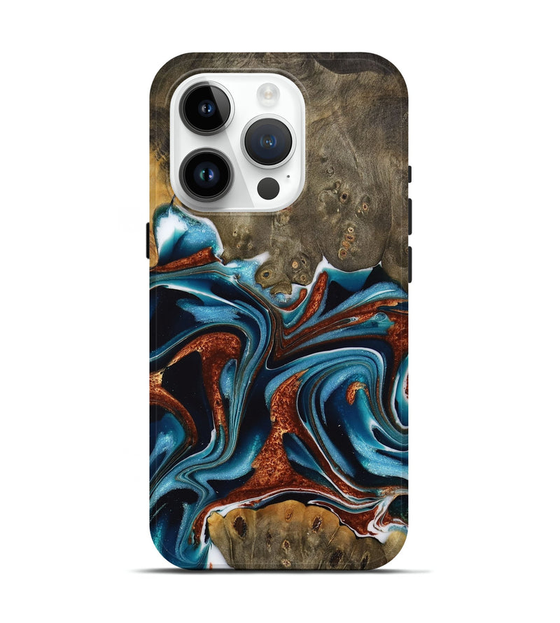 iPhone 15 Pro Wood Live Edge Phone Case - Carlie (Teal & Gold, 731643)