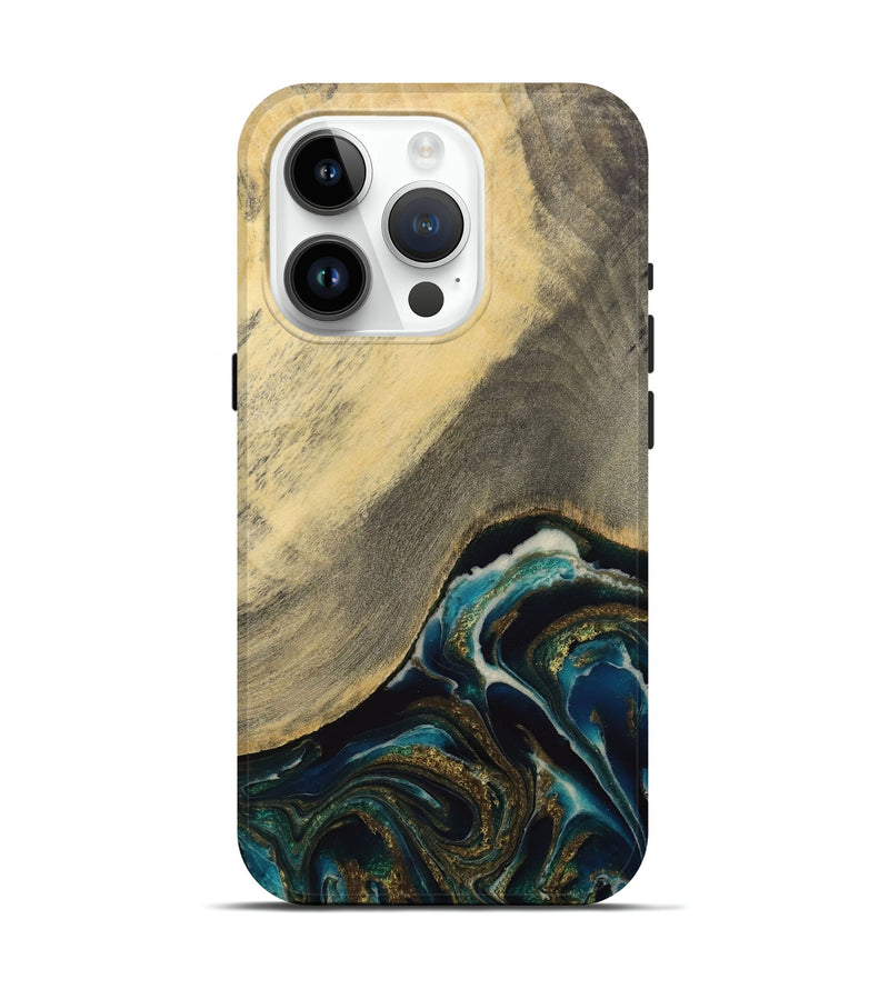 iPhone 15 Pro Wood Live Edge Phone Case - Moyna (Teal & Gold, 731679)