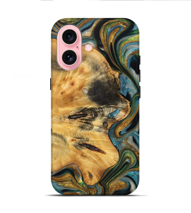 iPhone 16 Wood Live Edge Phone Case - Felicie (Teal & Gold, 732326)