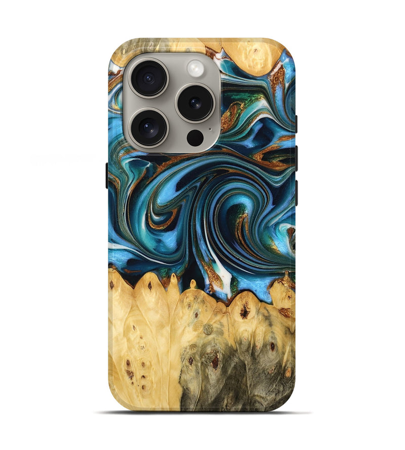 iPhone 16 Pro Wood Live Edge Phone Case - Roxie (Teal & Gold, 732332)