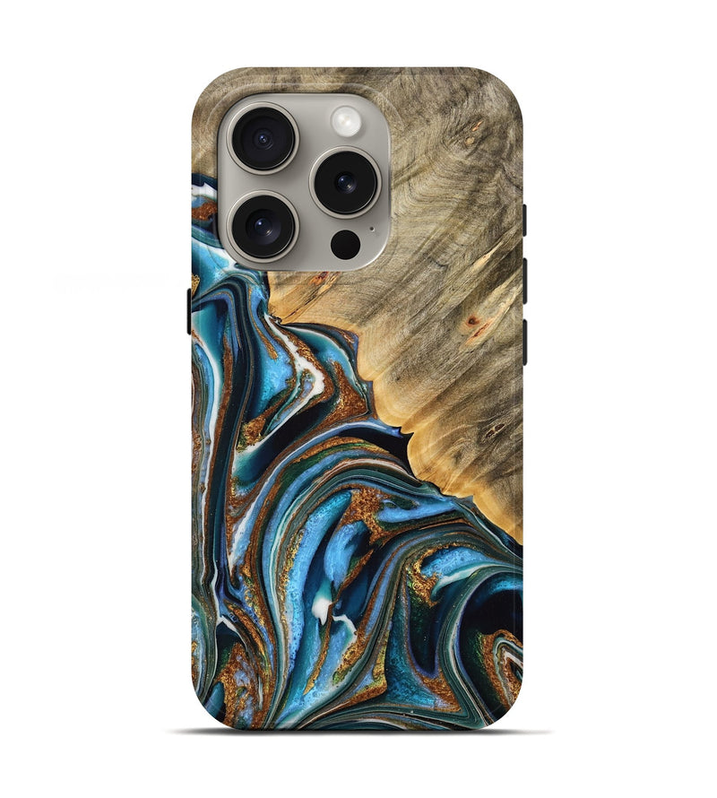 iPhone 16 Pro Wood Live Edge Phone Case - Desiri (Teal & Gold, 732343)