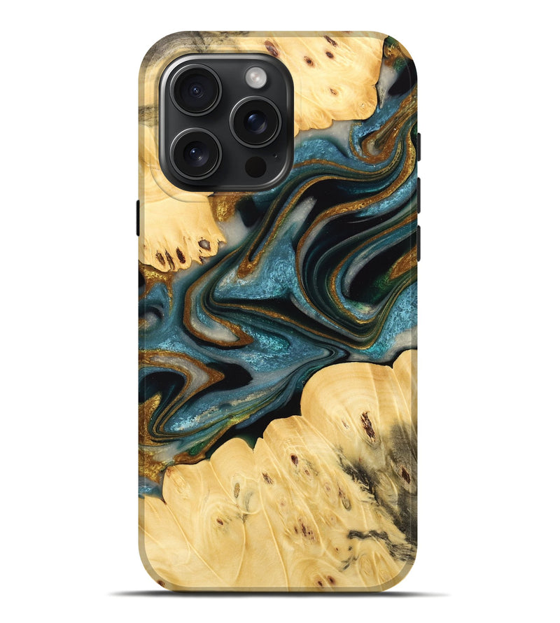 iPhone 16 Pro Max Wood Live Edge Phone Case - Rinda (Teal & Gold, 732361)