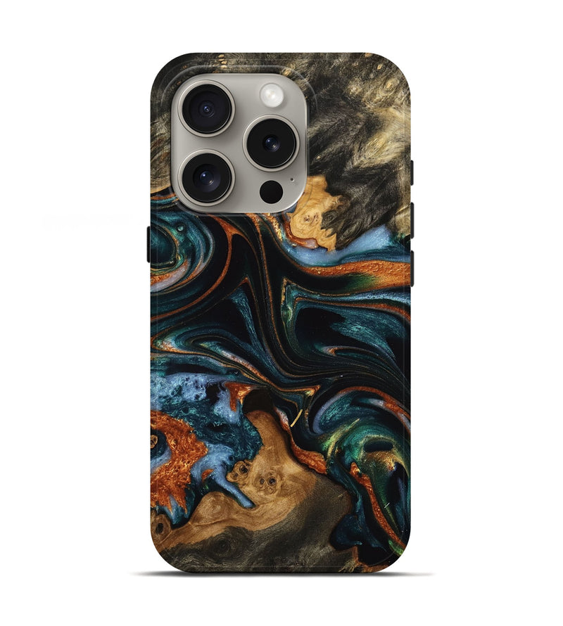 iPhone 16 Pro Wood Live Edge Phone Case - Dwain (Teal & Gold, 732365)