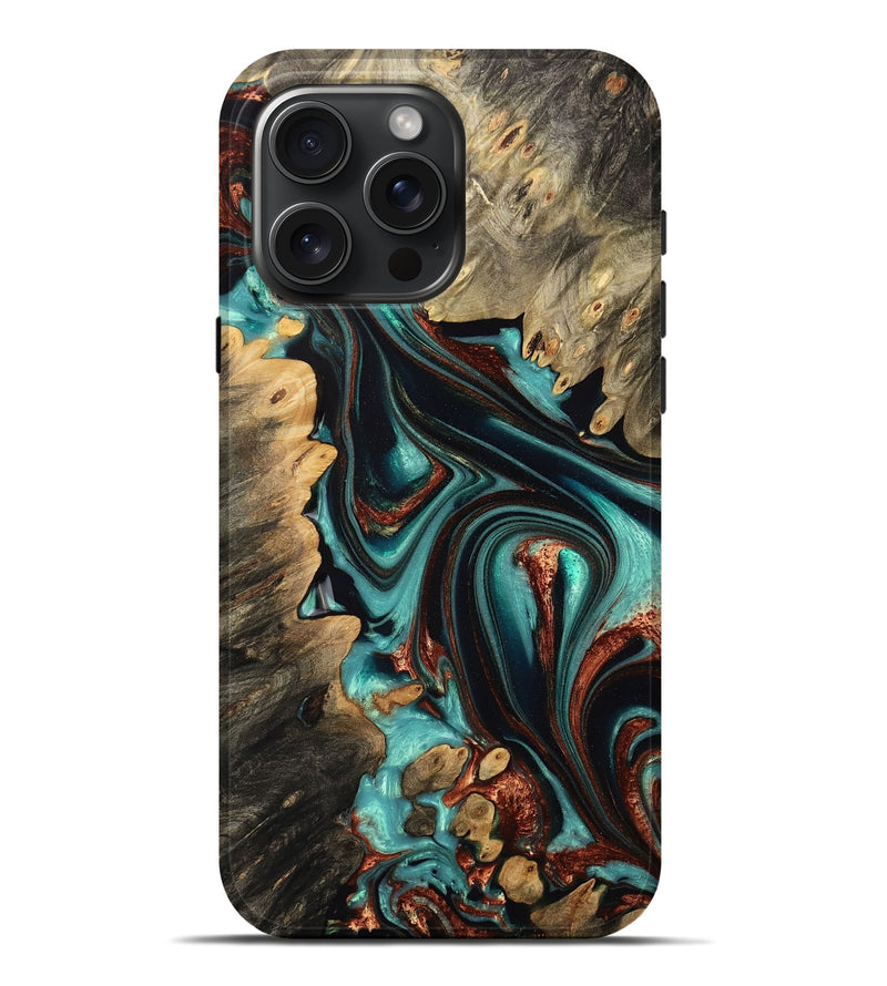 iPhone 16 Pro Max Wood Live Edge Phone Case - Keslie (Teal & Gold, 732369)