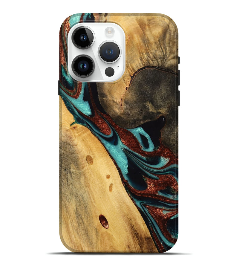 iPhone 15 Pro Max Wood Live Edge Phone Case - Emran (Teal & Gold, 732376)