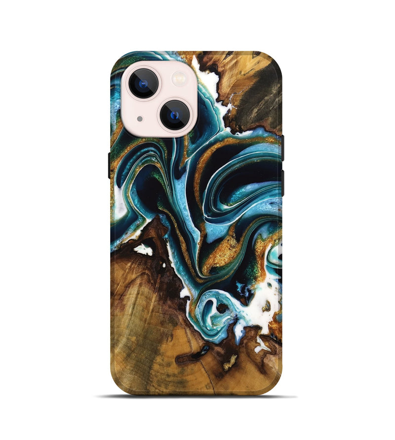 iPhone 13 mini Wood Live Edge Phone Case - Ayden (Teal & Gold, 732538)