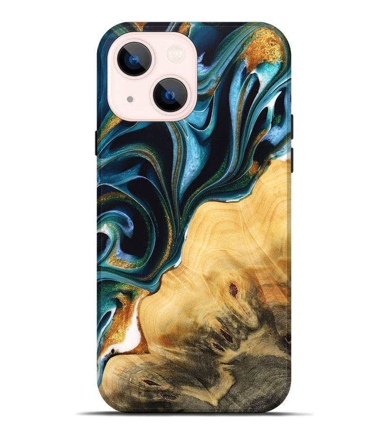 iPhone 14 Plus Wood Live Edge Phone Case - Arvid (Teal & Gold, 732546)