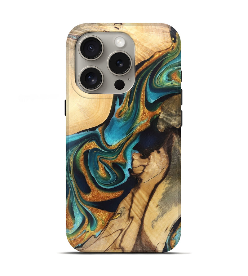 iPhone 16 Pro Wood Live Edge Phone Case - Corrine (Teal & Gold, 733018)