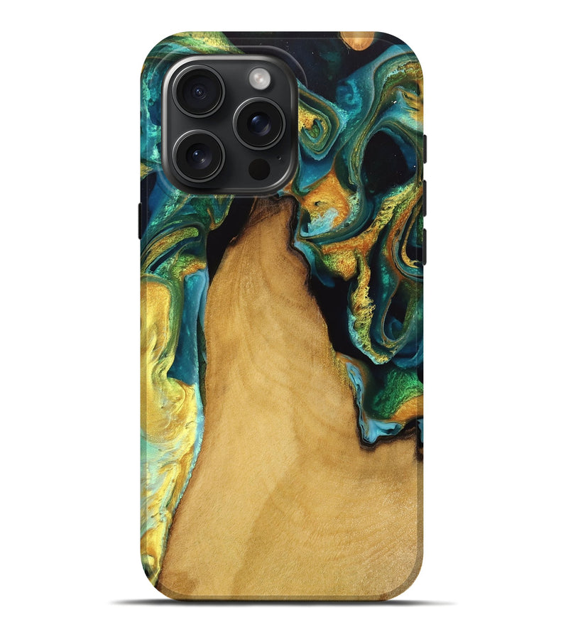 iPhone 16 Pro Max Wood Live Edge Phone Case - Vahe (Teal & Gold, 733022)