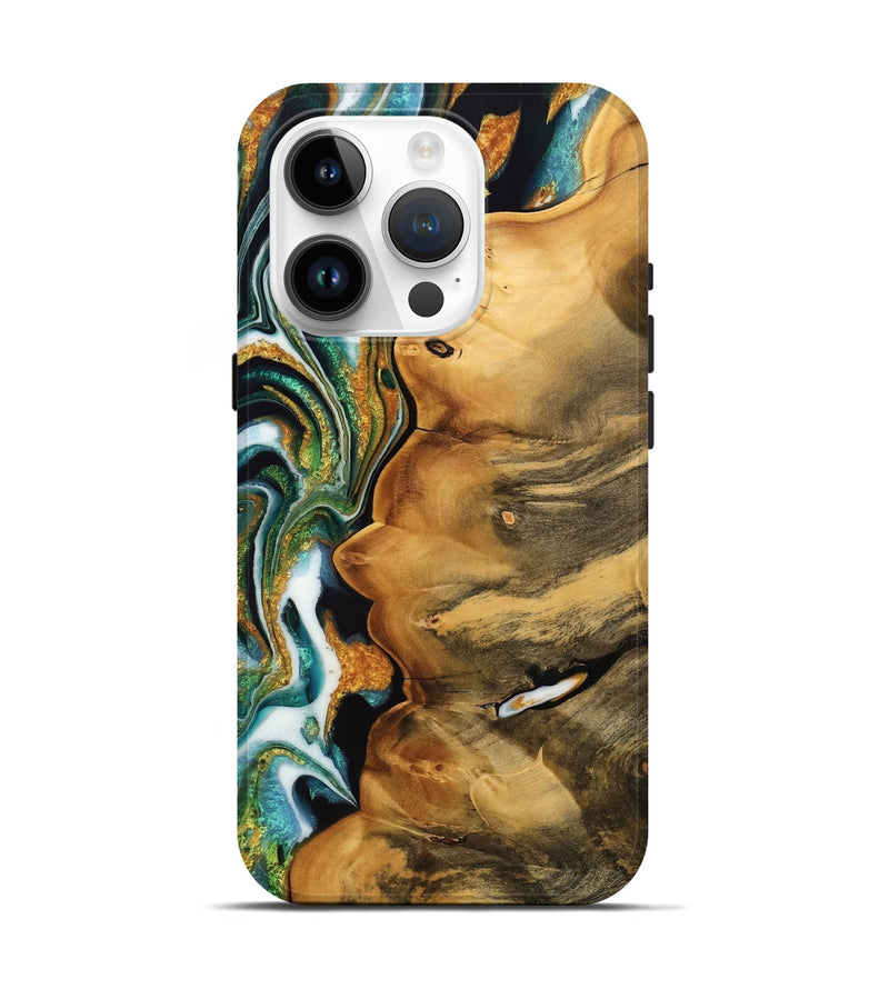 iPhone 15 Pro Wood Live Edge Phone Case - Denis (Teal & Gold, 733034)