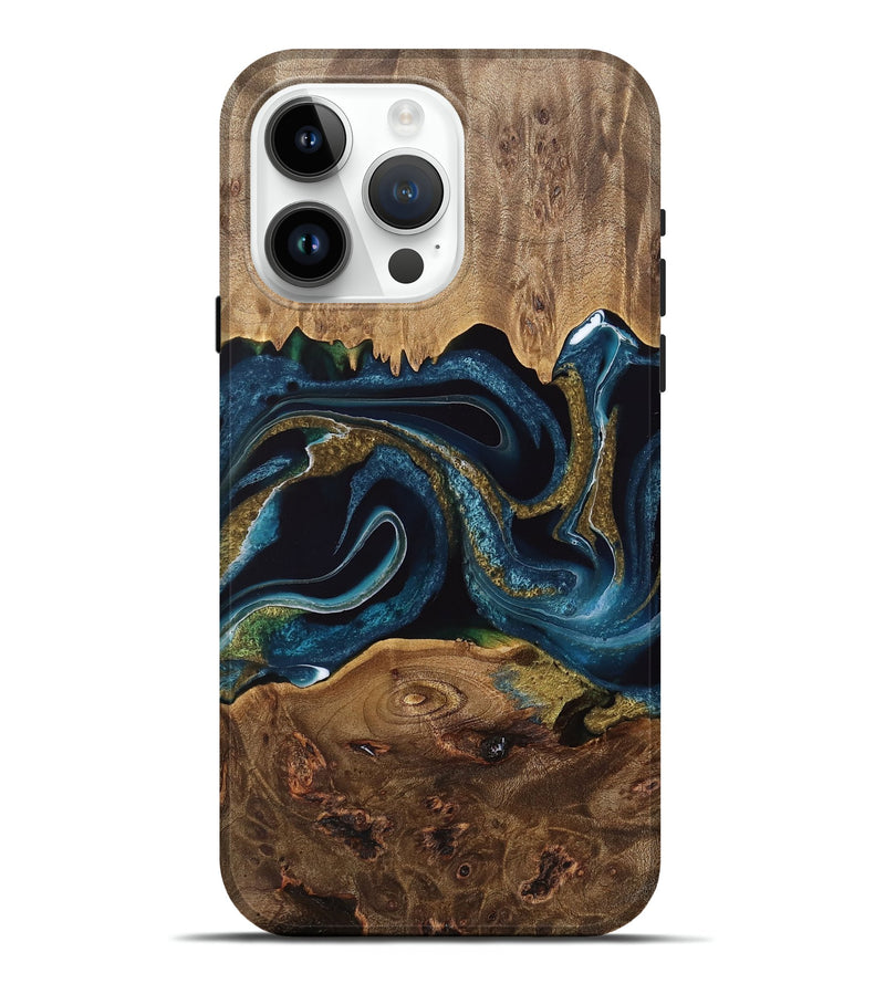 iPhone 15 Pro Max Wood Live Edge Phone Case - Tineke (Teal & Gold, 733037)