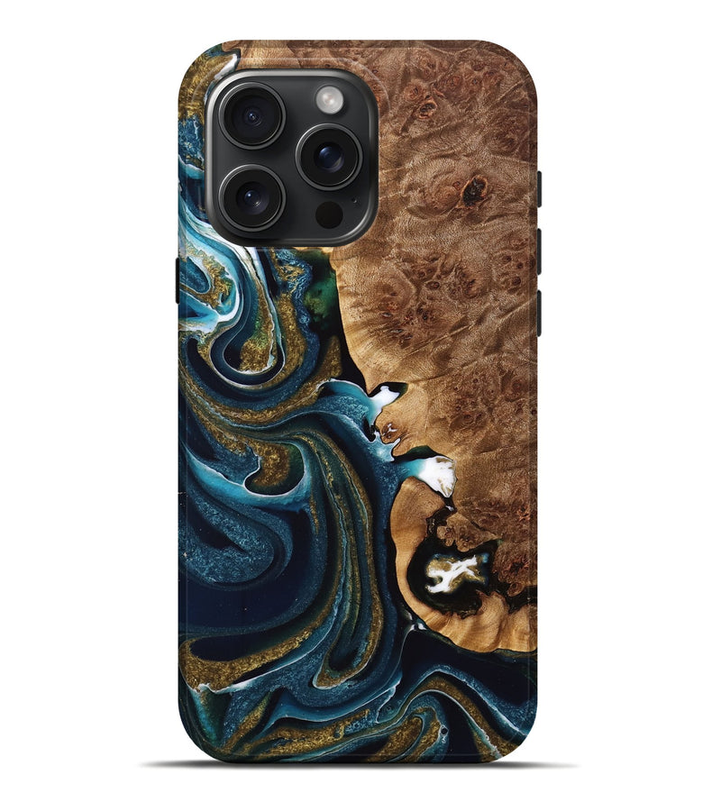 iPhone 16 Pro Max Wood Live Edge Phone Case - Jacque (Teal & Gold, 733040)