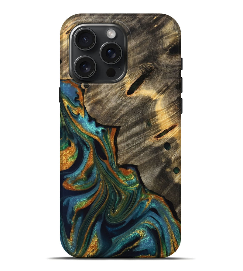 iPhone 16 Pro Max Wood Live Edge Phone Case - Emelyne (Teal & Gold, 733042)
