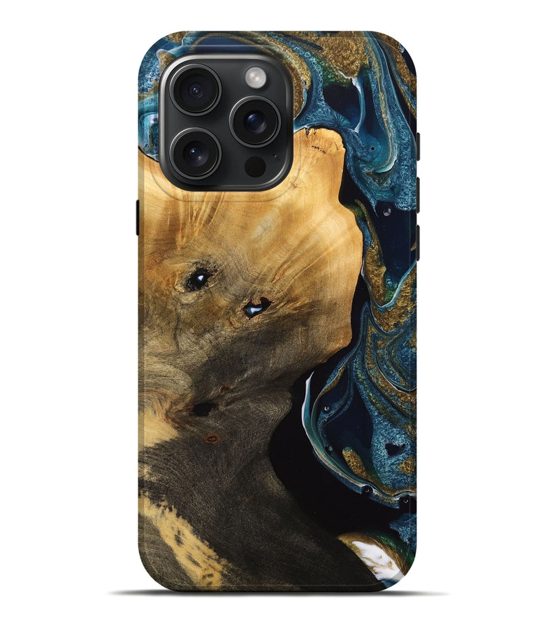 iPhone 16 Pro Max Wood Live Edge Phone Case - Tommie (Teal & Gold, 733048)