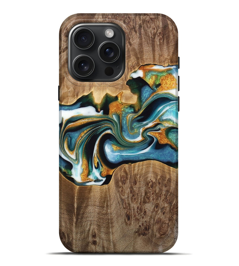 iPhone 16 Pro Max Wood Live Edge Phone Case - Kenya (Teal & Gold, 733050)