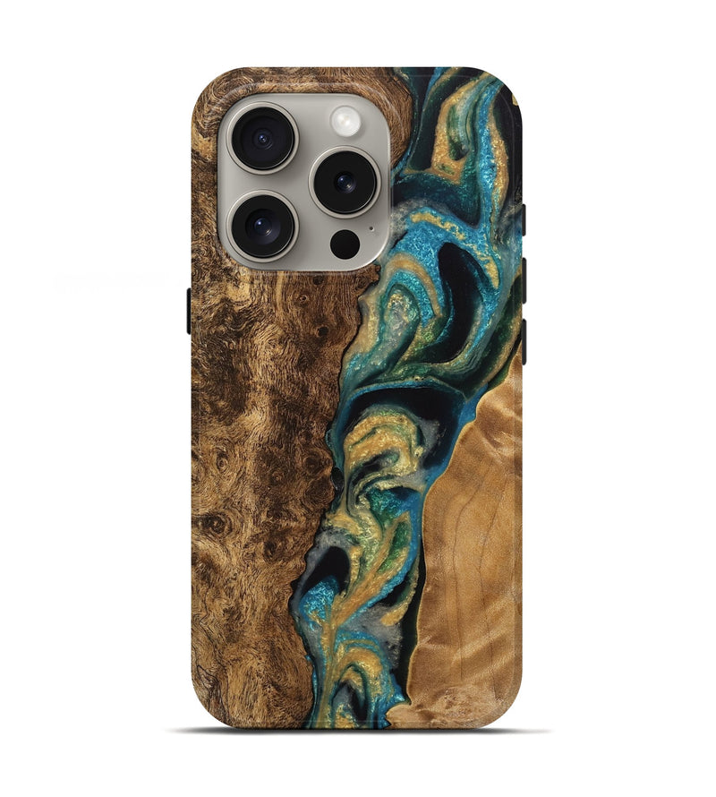 iPhone 16 Pro Wood Live Edge Phone Case - Sariah (Teal & Gold, 733074)