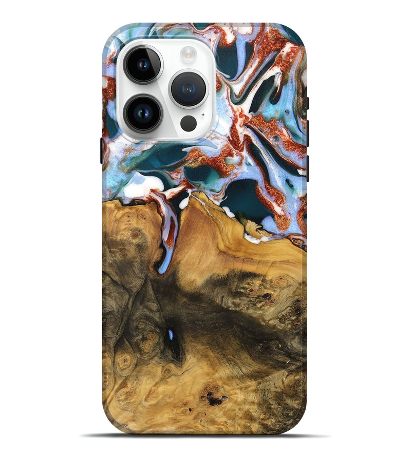 iPhone 15 Pro Max Wood Live Edge Phone Case - Amrik (Teal & Gold, 733083)
