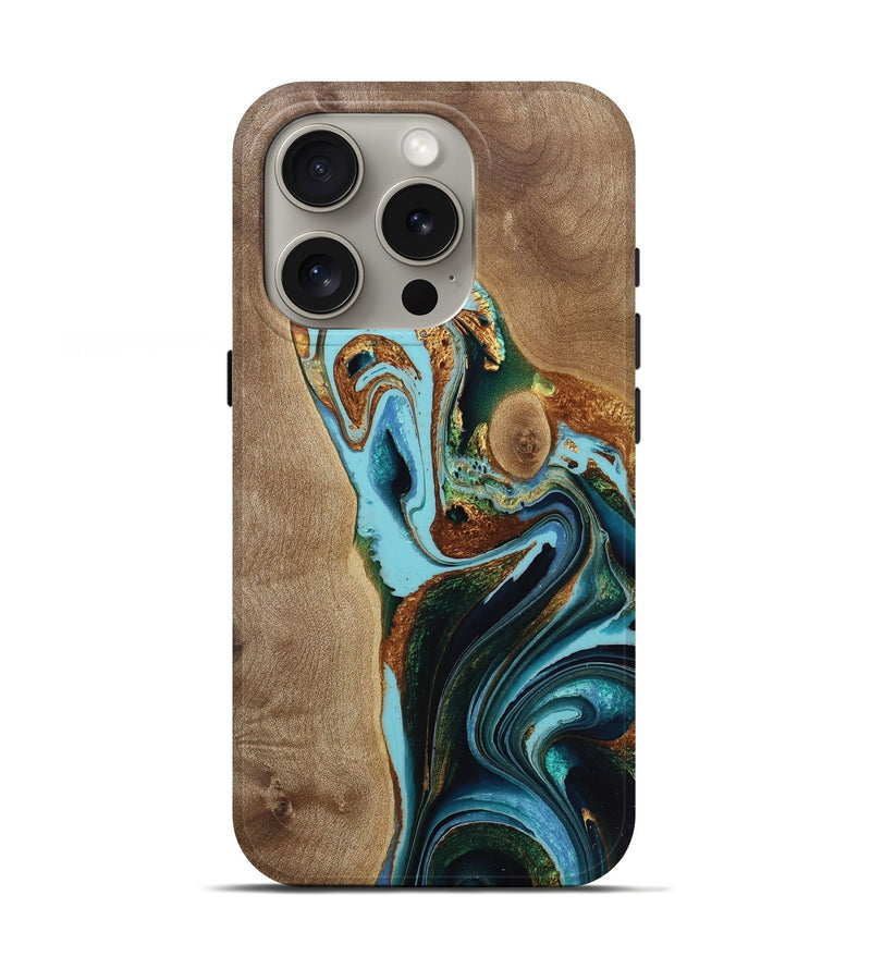 iPhone 16 Pro Wood Live Edge Phone Case - Livvy (Teal & Gold, 733089)