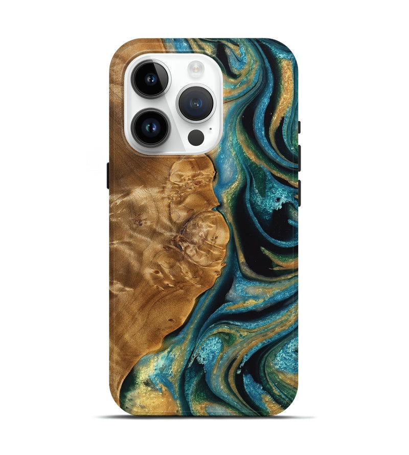 iPhone 15 Pro Wood Live Edge Phone Case - Novelia (Teal & Gold, 733090)