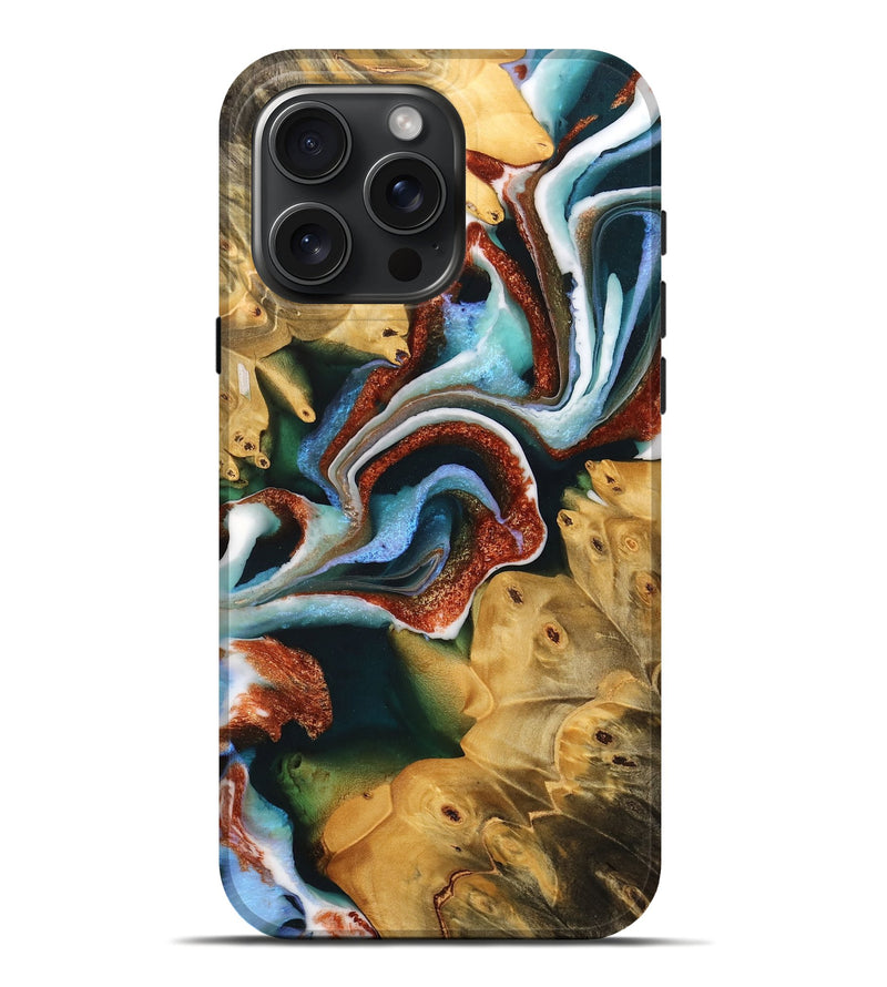 iPhone 16 Pro Max Wood Live Edge Phone Case - Frida (Teal & Gold, 733091)