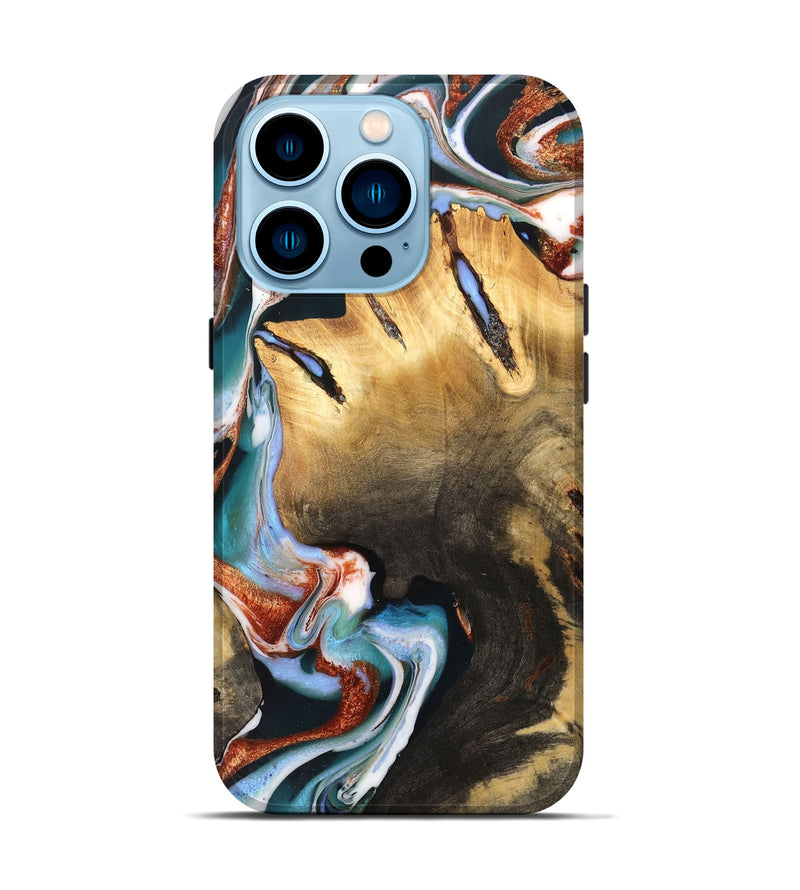 iPhone 14 Pro Wood Live Edge Phone Case - Tamar (Teal & Gold, 733093)