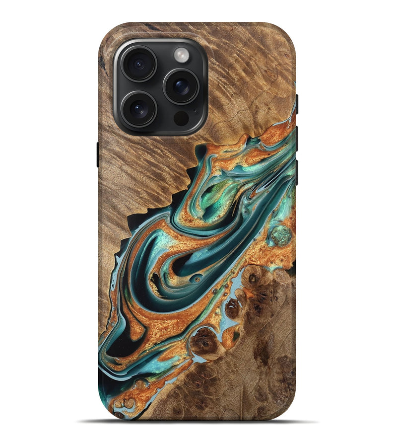 iPhone 16 Pro Max Wood Live Edge Phone Case - Arabela (Teal & Gold, 733388)