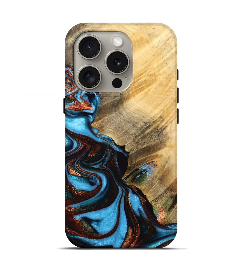 iPhone 16 Pro Wood Live Edge Phone Case - Harve (Teal & Gold, 733395)