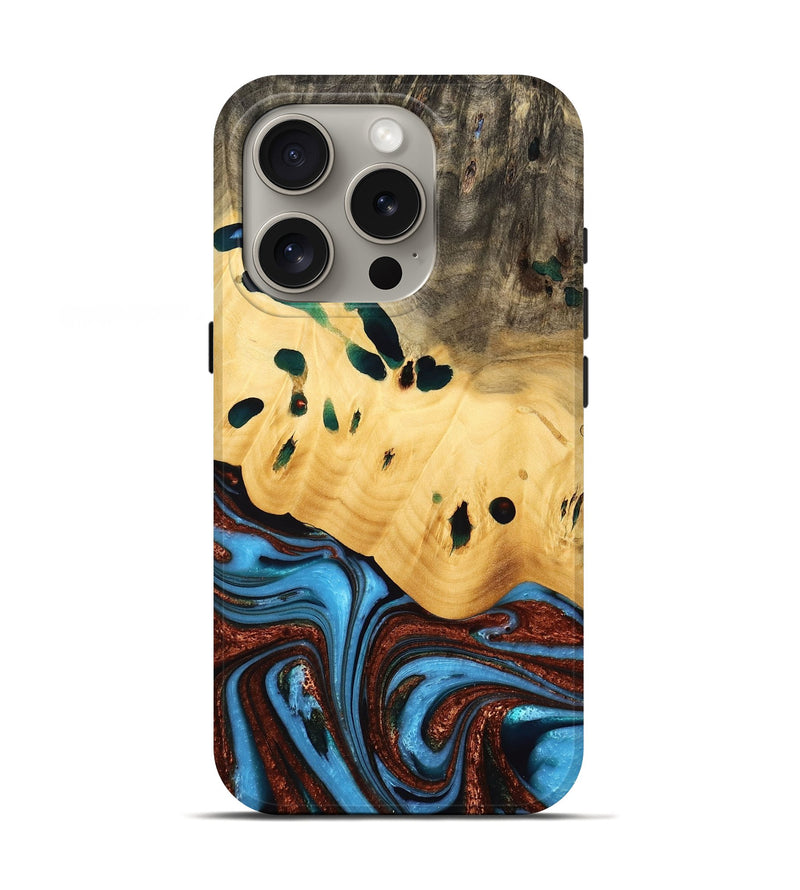 iPhone 16 Pro Wood Live Edge Phone Case - Lillien (Teal & Gold, 733404)