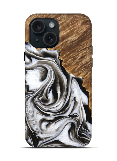 iPhone 15 Wood Live Edge Phone Case - Kareen (Black & White, 733413)