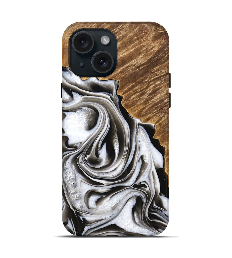 iPhone 15 Wood Live Edge Phone Case - Kareen (Black & White, 733413)
