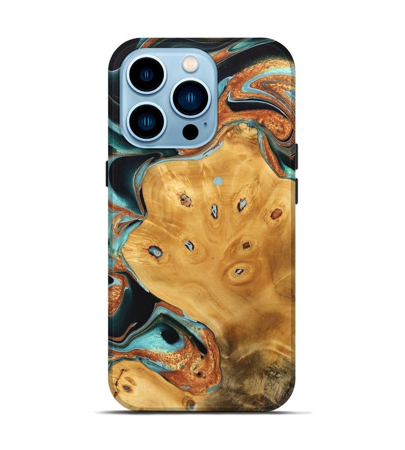 iPhone 14 Pro Wood Live Edge Phone Case - Malynda (Teal & Gold, 733414)
